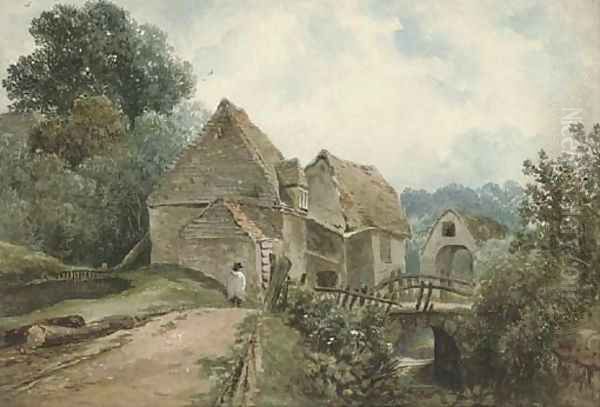 A figure on a path by an old building Oil Painting by Joseph William Allen