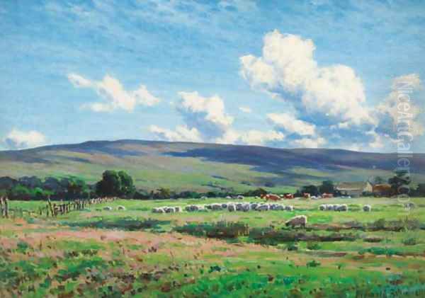 Sheep grazing, Lune Valley, Hornby Oil Painting by Reginald Aspinwall