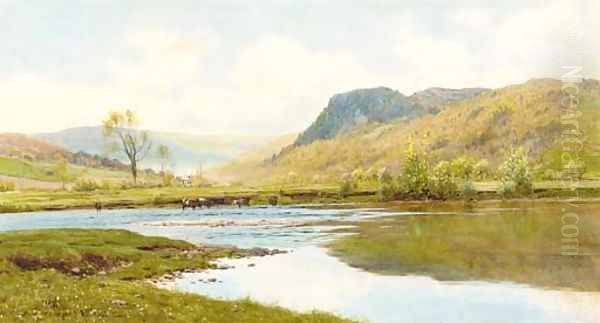 Cattle watering in a Highland landscape Oil Painting by Reginald Aspinwall