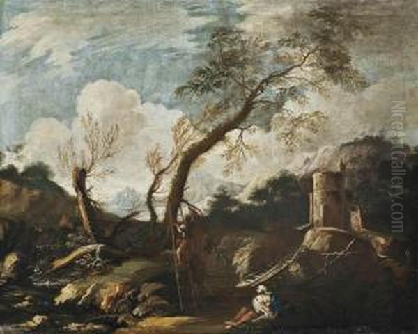 A Wooded River Landscape With Peasants On A Track Gathering Wood, A House Beyond Oil Painting by Bartolomeo Torreggiani