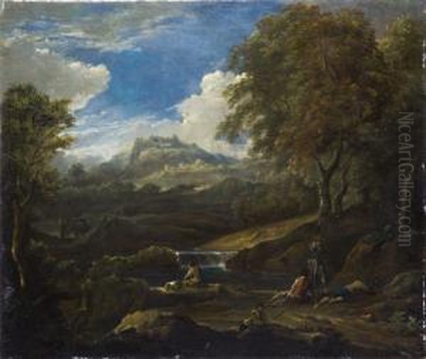 Paesaggio Fluviale Conviandanti In Sosta Oil Painting by Bartolomeo Torreggiani