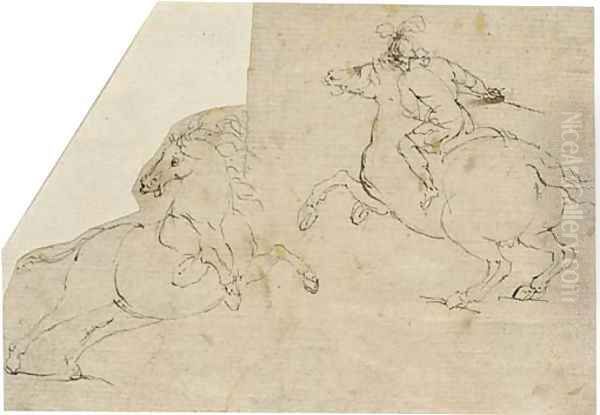 A horseman in profile to the left and a rearing horse in profile to the right Oil Painting by Francesco Allegrini