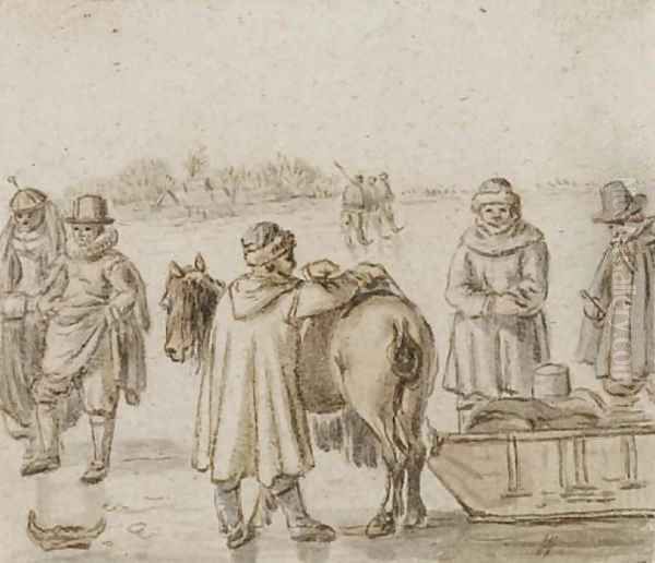 Figures by a horse-drawn sledge, skaters on the ice beyond Oil Painting by Hendrick Avercamp