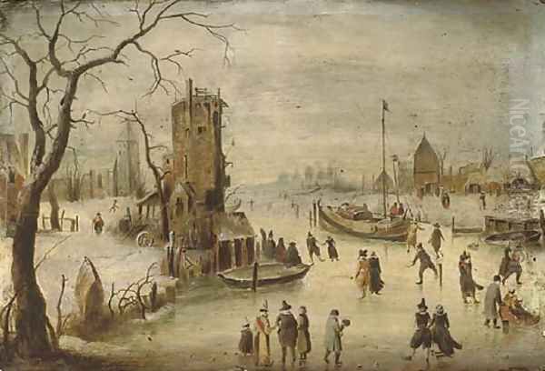 A frozen river landscape with skaters, a church beyond Oil Painting by Hendrick Avercamp