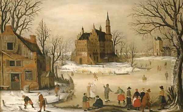 Figures in a winter landscape with a castle beyond Oil Painting by Hendrick Avercamp