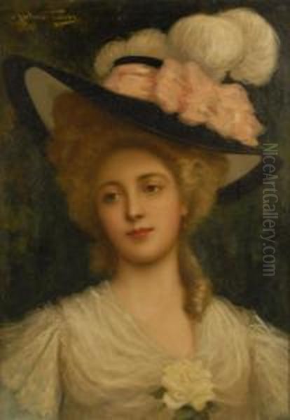 Portrait Of A Lady With A Wide Brim Hat Oil Painting by Antonio Torres