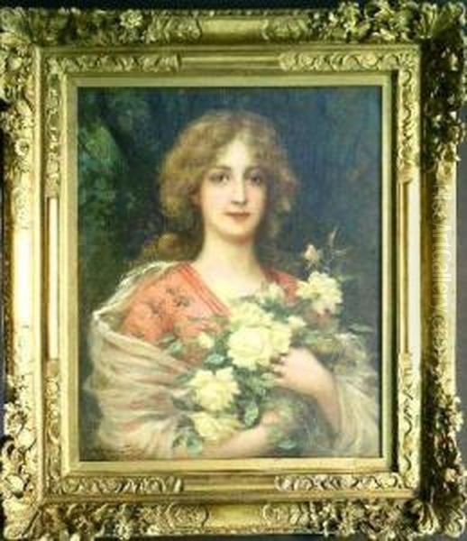 Young Beauty With White Roses Oil Painting by Antonio Torres