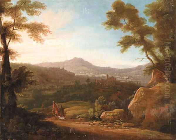 Italianate Landscapes with Hunters at Sunrise and Sunset Oil Painting by Jacques d' Arthois