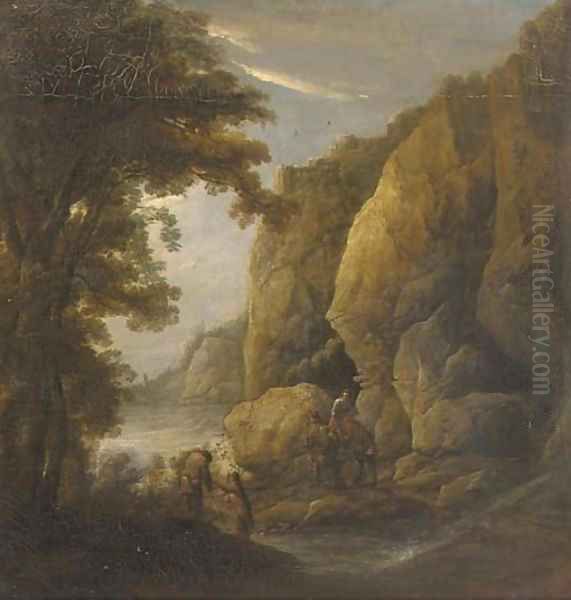 A mountain gorge with travellers on a path Oil Painting by Jacques d' Arthois