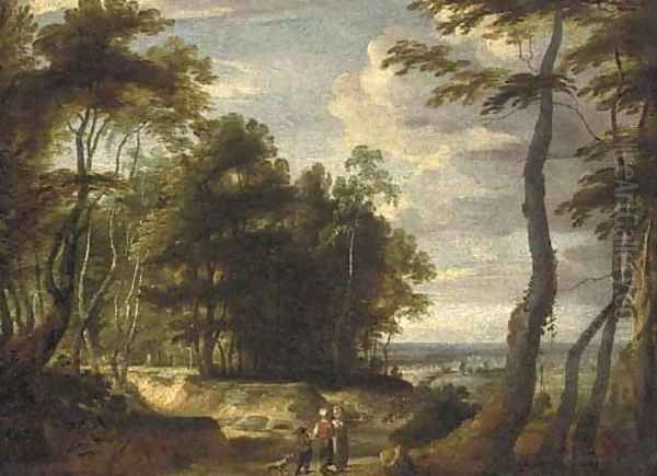 A wooded landscape landscape with peasants on a path Oil Painting by Jacques d' Arthois