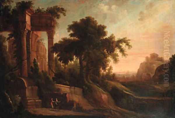 An Italianate landscape with figures by a ruined classical temple Oil Painting by Jacques d' Arthois