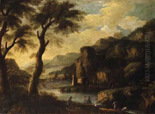 A mountainous River Landscape with Figures on a Path Oil Painting by Jacques d' Arthois