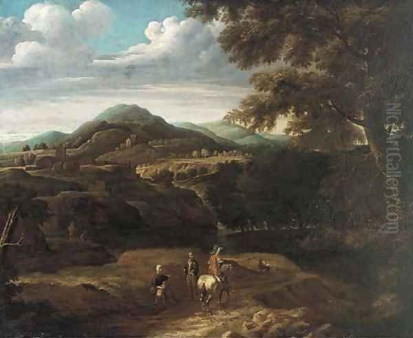 A wooded mountainous landscape with travellers on a track Oil Painting by Jacques d' Arthois