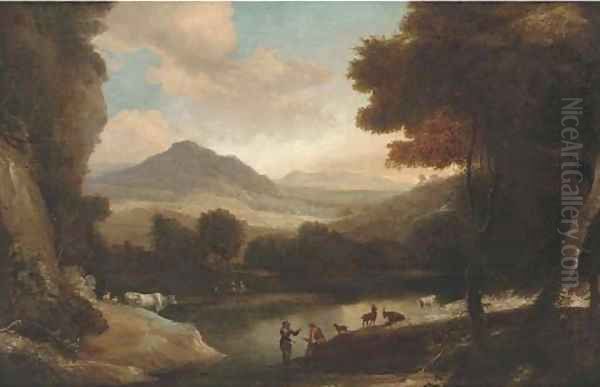 A wooded river landscape with cattle and figures resting on a bank Oil Painting by Jacques d' Arthois