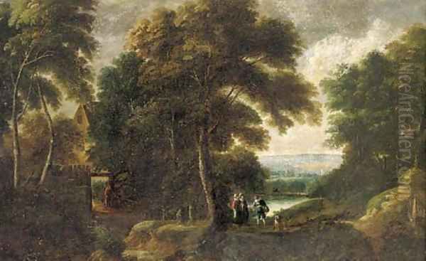 A wooded river landscape with elegant company on a path, with cottage a beyond Oil Painting by Jacques d' Arthois