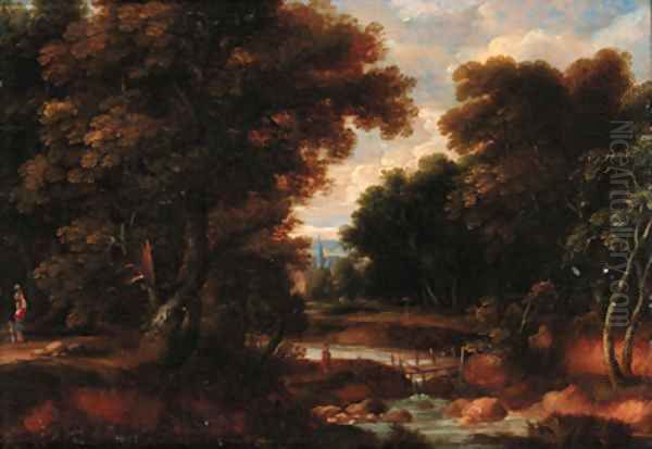 A wooded river landscape with figures on a track, a church beyond Oil Painting by Jacques d' Arthois