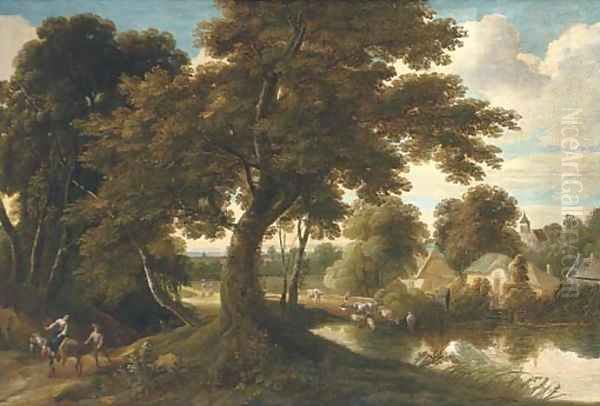 A wooded village landscape with a drover and his cattle crossing a ford and figures on a track Oil Painting by Jacques d' Arthois