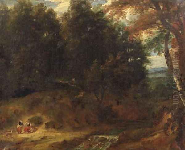 Peasantwomen on a track in a wood, by a waterfall Oil Painting by Jacques d' Arthois