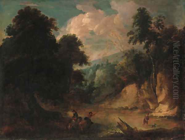 A rocky river landscape with a fisherman and a drover watering cattle Oil Painting by Jacques d' Arthois