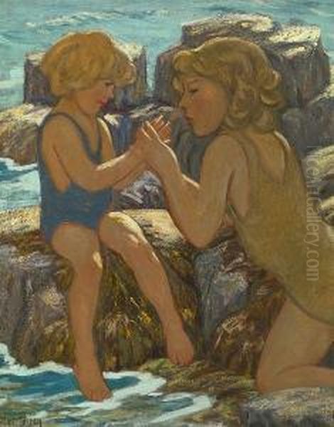 Two Girls Playing In Tide Pools Oil Painting by Elliot Bouton Torrey