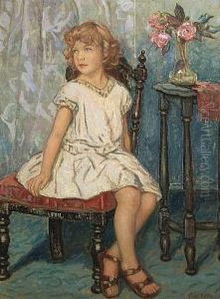 A Portrait Of A Young Girl Seated On A Red Chair Oil Painting by Elliot Bouton Torrey