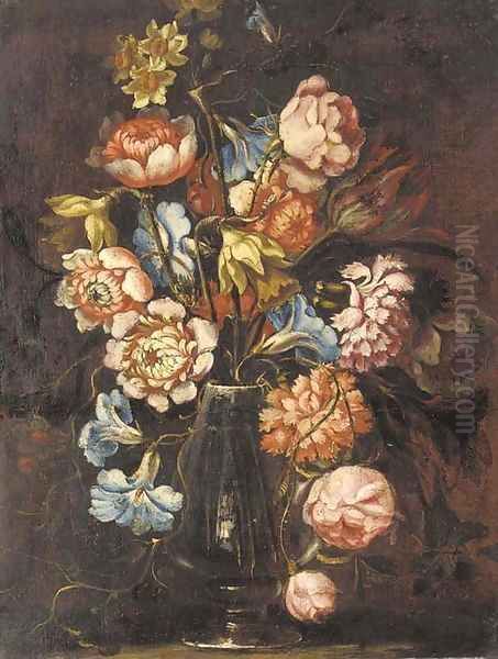 Carnations, tulips, daffodils, roses and other flowers in a glass vase on a ledge Oil Painting by Juan De Arellano