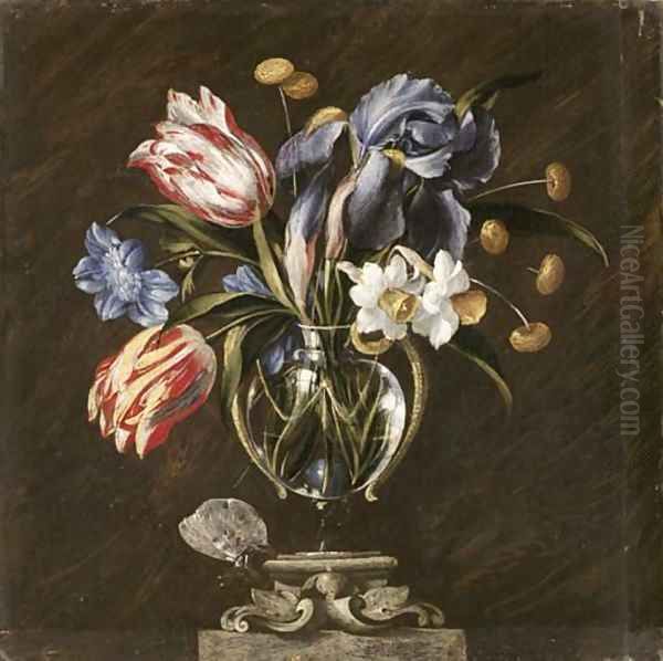 Tulips, daffodils, irises and other flowers in a glass vase on a sculpted stand, with a butterfly Oil Painting by Juan De Arellano