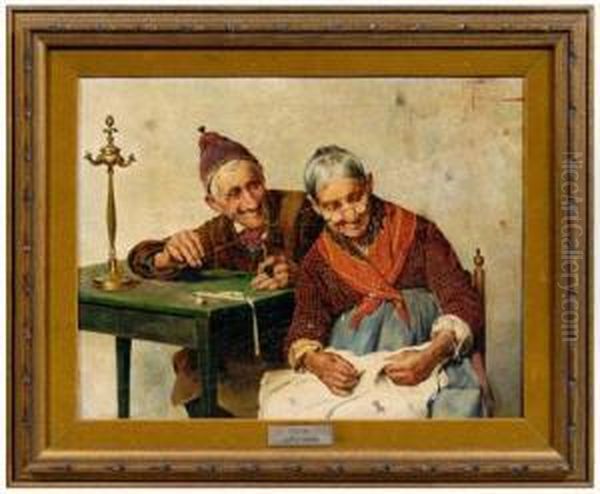 Older Gentleman Tickling The Ear Of His Wife Oil Painting by E. Torrini