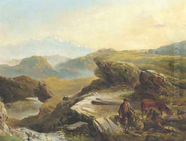 Highland landscape with figures logging in the foreground Oil Painting by Richard Ansdell