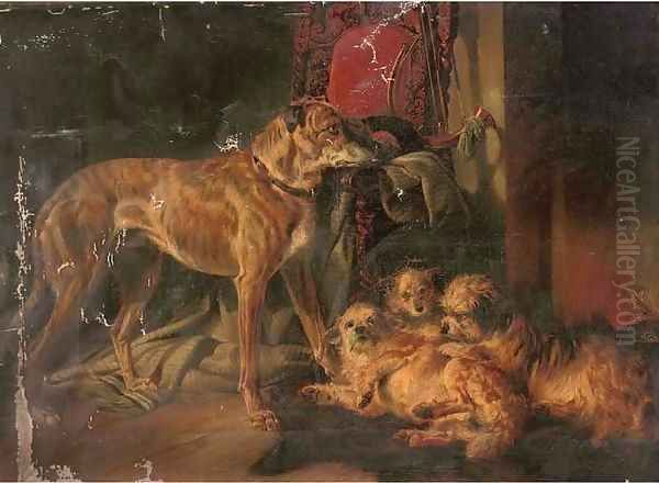 A Scottish deerhound and three dandy dinmonts by an open fire Oil Painting by Richard Ansdell