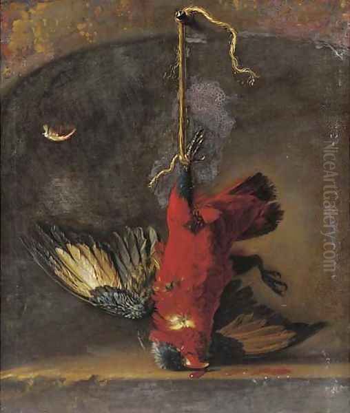 A dead songbird hanging by a niche Oil Painting by Willem Van Aelst