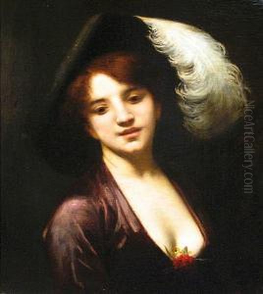 A Portrait Of A Woman With A Feather In Her Hat Oil Painting by Victor Tortez