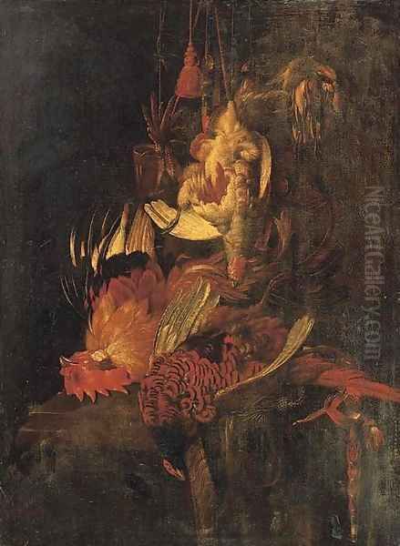 A dead cockerel and game birds suspended Oil Painting by Willem Van Aelst