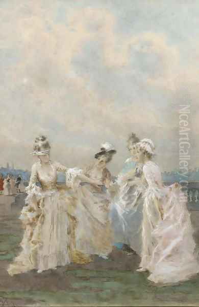 Girls playing blind man's buff Oil Painting by Angelo Achini