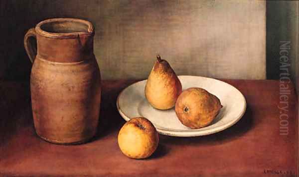 Pears on a Plate with an Apple and a Jug Oil Painting by Jacques Abeille