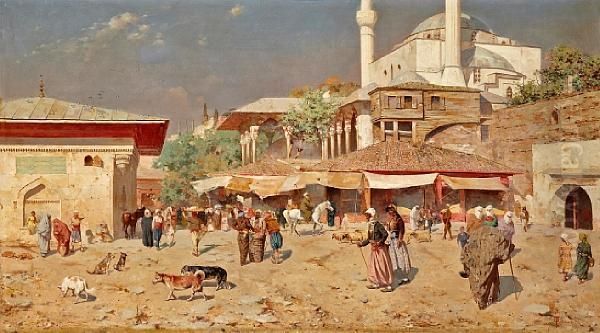 A Busy Street Outside Of A Mosque Oil Painting by Odoardo Toscani