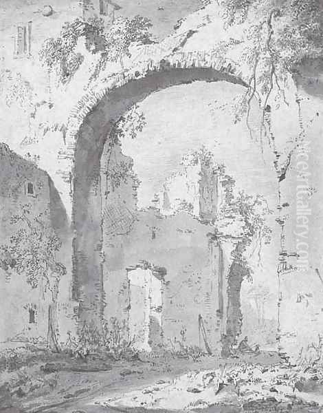 A ruined villa in the Roman campagna seen through a high arch Oil Painting by Jan Asselijn