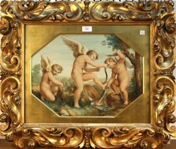 Three Cherubs Forging Weapons At Apool Of Water Within A Rocky Landscape Oil Painting by Paolo Toschi