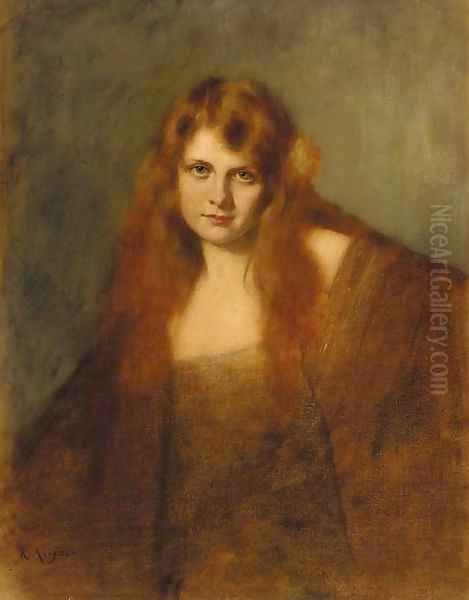 An auburn haired beauty Oil Painting by Rene Avigdor