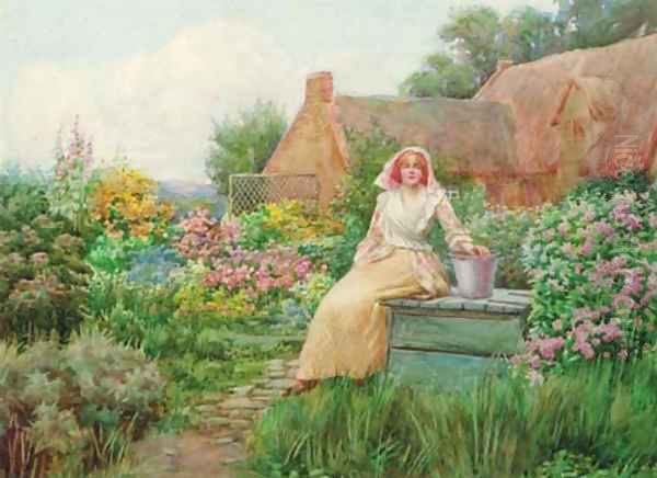 Young lady seated in a cottage garden Oil Painting by William F. Ashburner