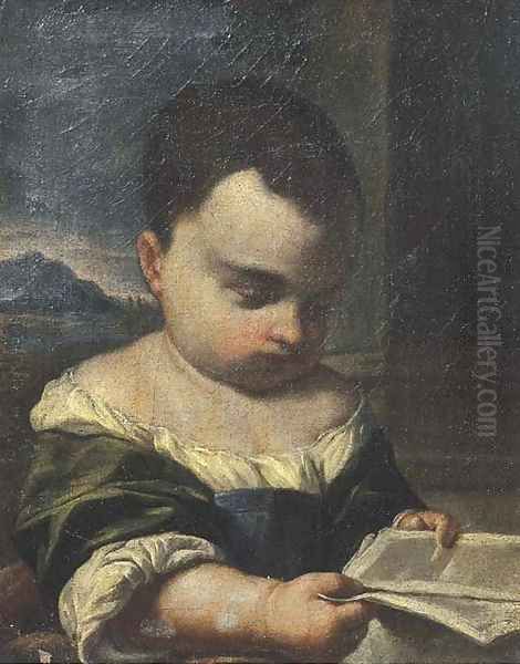 A young girl reading a book, a landscape beyond Oil Painting by Antonio Amorosi