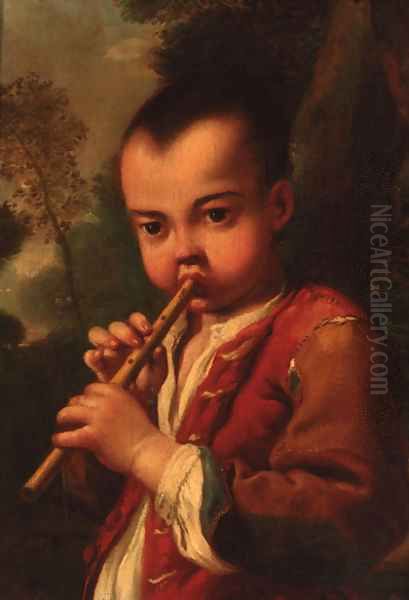 A boy playing a flute in a landscape Oil Painting by Antonio Amorosi