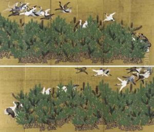 Cranes And Pine Trees Oil Painting by Kano Toshun