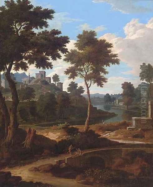 An extensive Italianate river landscape with two men resting on a bridge Oil Painting by Etienne Allegrain