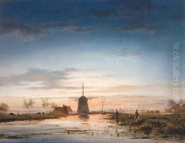 Anglers beside a Canal with a Windmill beyond Oil Painting by Jacobus Theodorus Abels