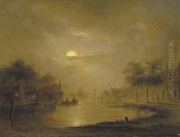 A moonlit river landscape Oil Painting by Jacobus Theodorus Abels