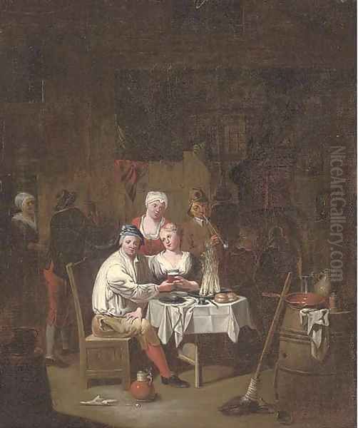 Figures drinking and smoking in an interior Oil Painting by Joseph van Aken