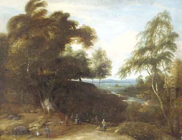 A wooded landscape with figures and dogs in a clearing Oil Painting by Lucas Achtschellinck