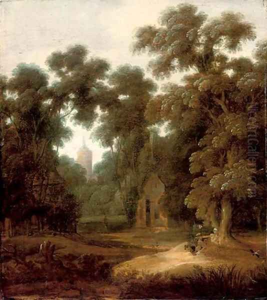 A wooded landscape with figures at rest on a track, a cottage and church beyond Oil Painting by Lucas Achtschellinck