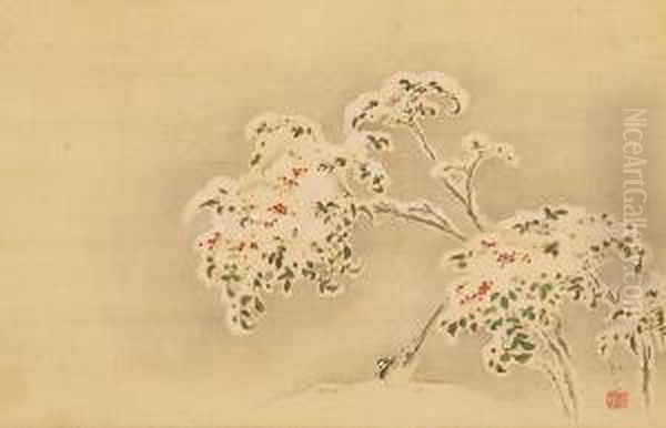 Wagtail And Nandina In Snow Oil Painting by Tanaka Totsugen